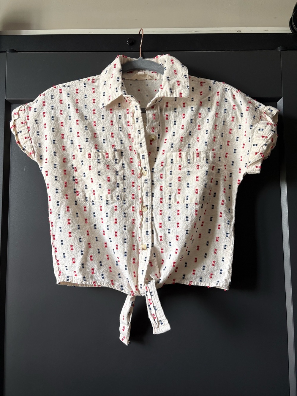 Sim & Sam Cream Button-Up Top with Red & Navy Dot Accents